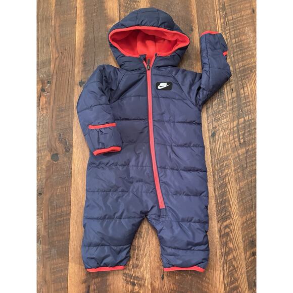 Nike Baby Full-Zip Hooded Puffer Snowsuit Navy Blue Red Fleece Lined 6 Months